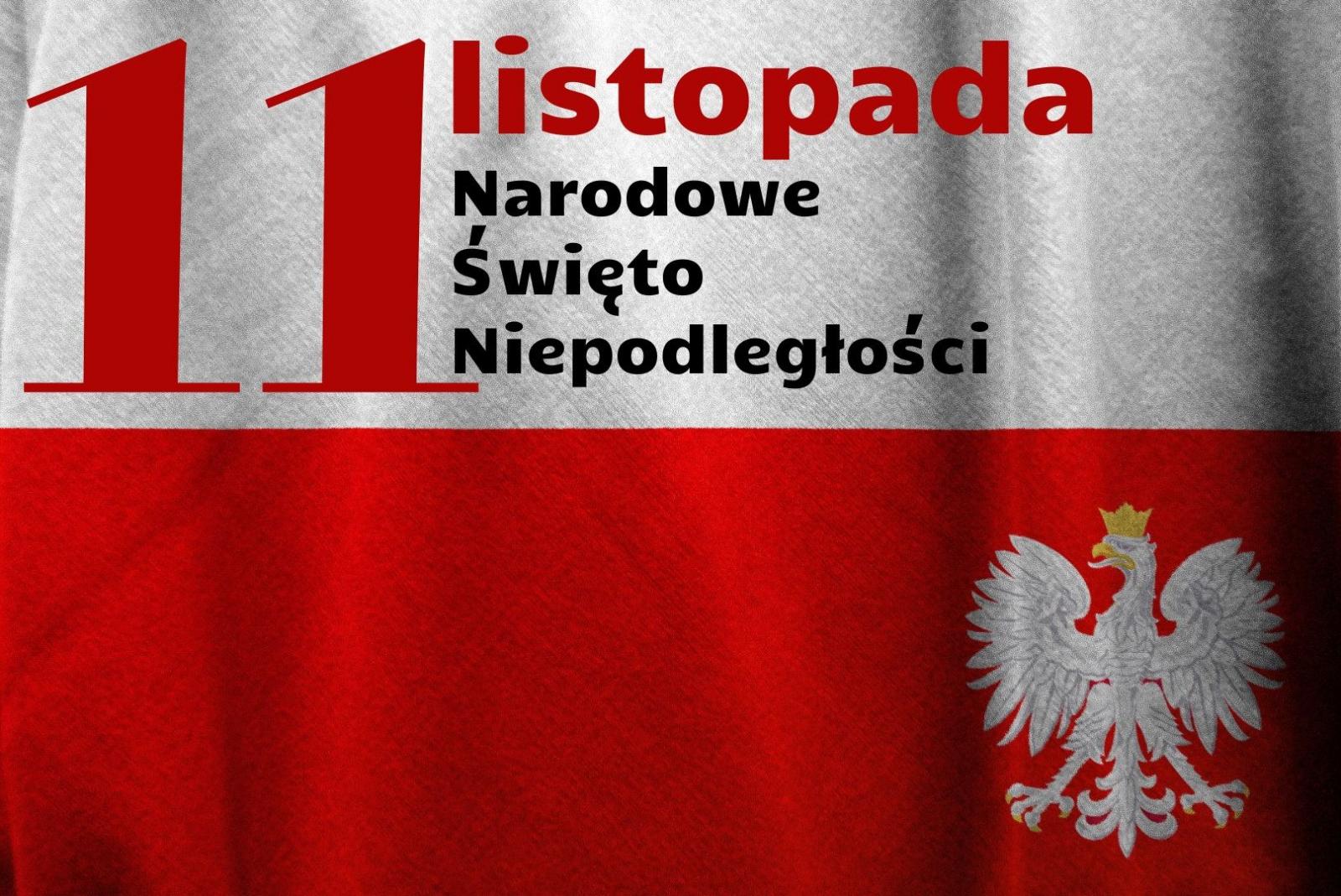 grafika Flaga Polski z napisem 11 listopada Narodowe Święto Niepodległości