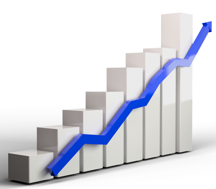 grafika słupki wykresu niebieska strzałka wskazująca wzrost