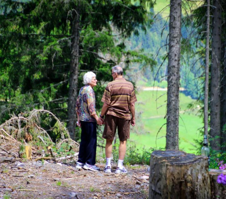 zdjęcie para seniorów trzymająca się za ręce stoi w lesie