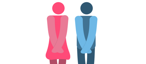 ilustracja różowa postać kobiety niebieska postać mężczyzny skrzyżowane ręce na podbrzuszu