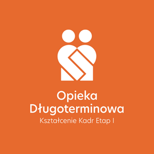 logo projektu biały napis Opieka długoterminowa Kształcenie Kadr Etap I na pomarańczowym tle