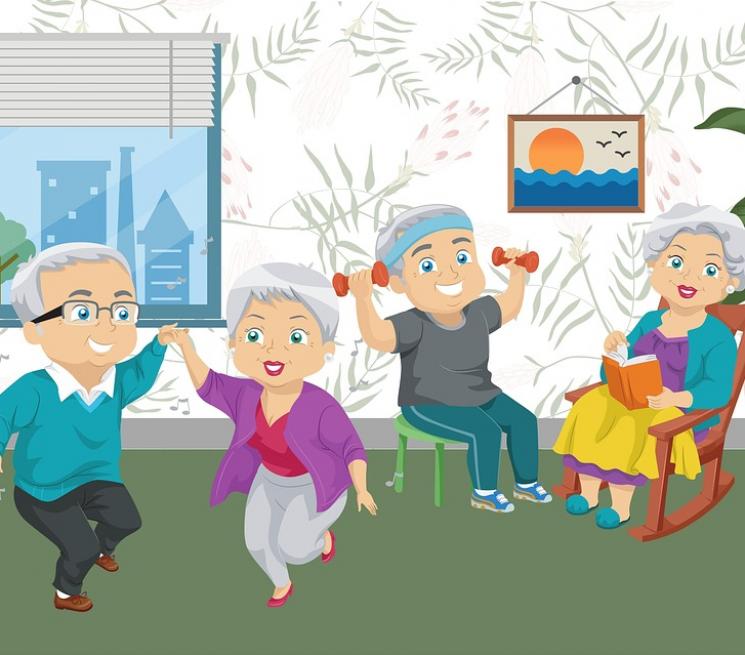 ilustracja grupa seniorów w pomieszczeniu tańczy czyta książki ćwiczy