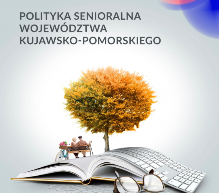 grafika okładka dokumnetu jesienne drzewo seniorzy siedzący na ławce klawiatura kopmutera w kształcie książku okulary