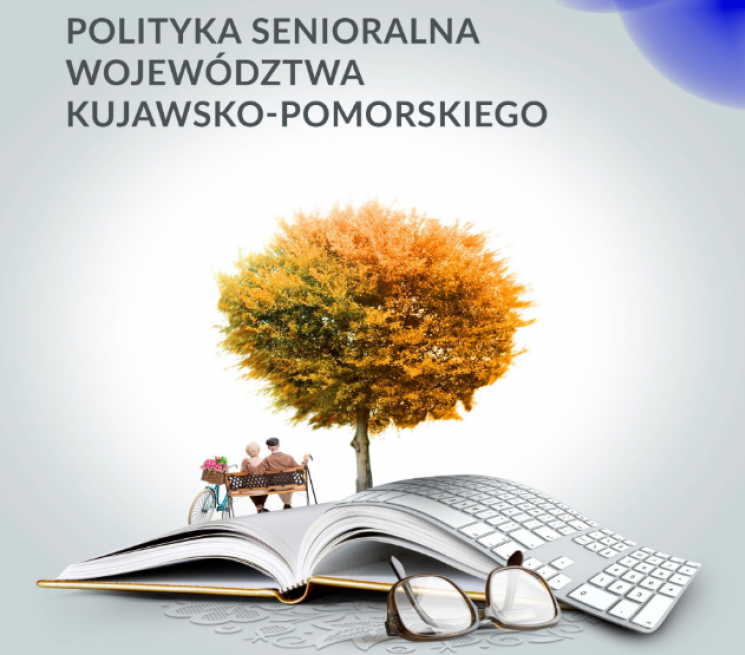 grafika okładka dokumnetu jesienne drzewo seniorzy siedzący na ławce klawiatura kopmutera w kształcie książku okulary