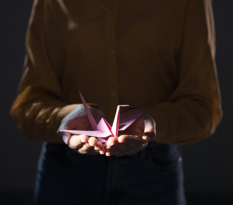 zdjęcie osoba trzymająca na dłoniach ptaka z papieru zrobionego z origami