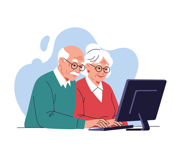 grafika dwójka seniorów kobieta i mężczyzna patrzy w ekran komputera i pisze na klawiaturze