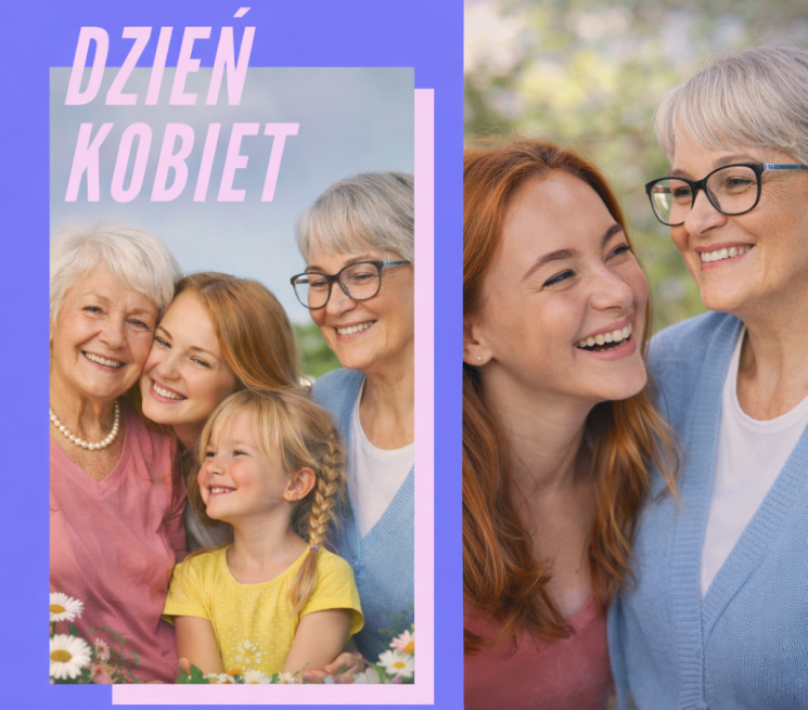 grafika z okazji Dnia Kobiety cztery kobiety w różnym wieku uśmiechają się do siebie i przytulają