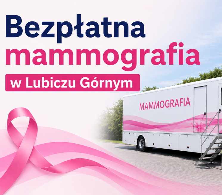 grafika przyczepa z różową szarfą z napisem MAMMOGRAFIa po prawej stornie napis Bezpłatna Mammografia w Lubiczu Górnym
