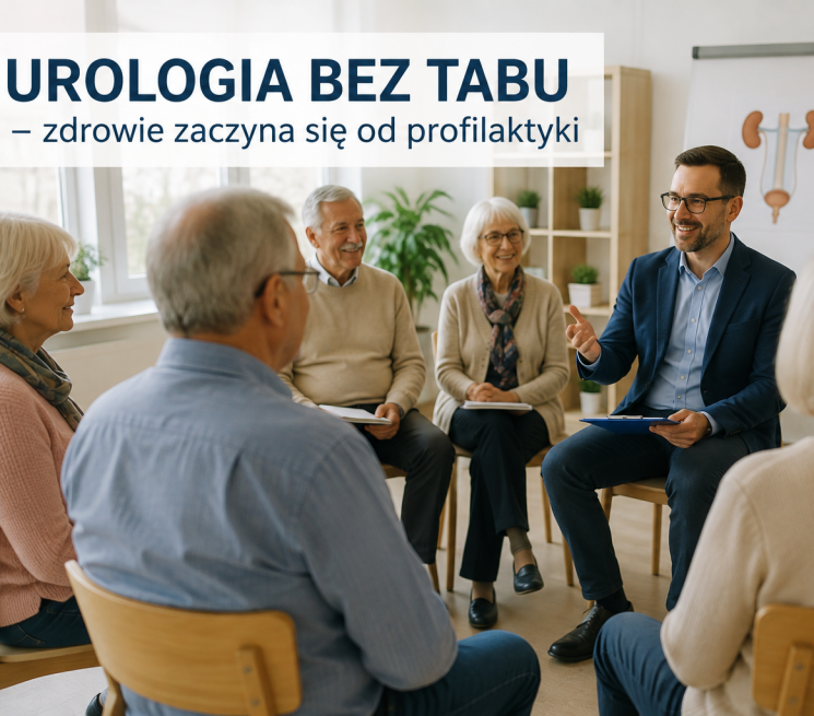 zdjęcie seniorzy siedzą na krześle w okręgu i słuchają siedzącego wykładowny w tle na tablicy flipchart grafika układu moczowego
