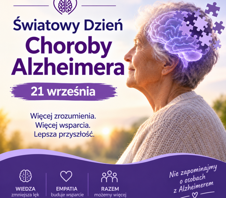 grafika starsza kobieta na wysokości głowy grafika mózgu i uciekających puzzli po prawej strony napis: Światowy Dzień Choroby Alzheimera 21 września