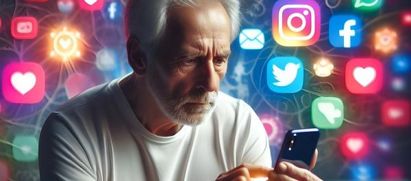 ilustracja starszy mężczyzna trzyma w ręku telefon w okół ikony mediów społecznościowych
