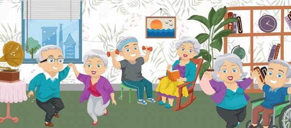 ilustracja grupa seniorów w pomieszczeniu tańczy czyta książki ćwiczy