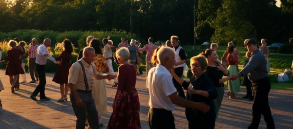zdjęcie seniorzy tańczą w plenerze w parach