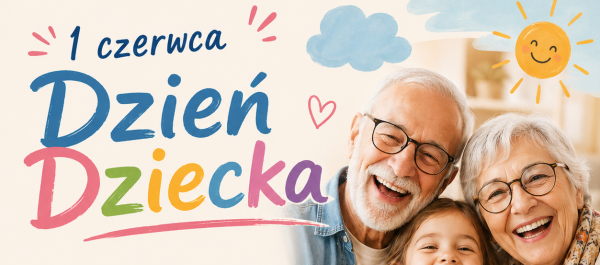 grafika uśmiechnięci starsza kobieta i mężczyzna z dziewczynką obok napis 1 czerwca Dzień Dziecka życzenia emotki słońce chmurka balony