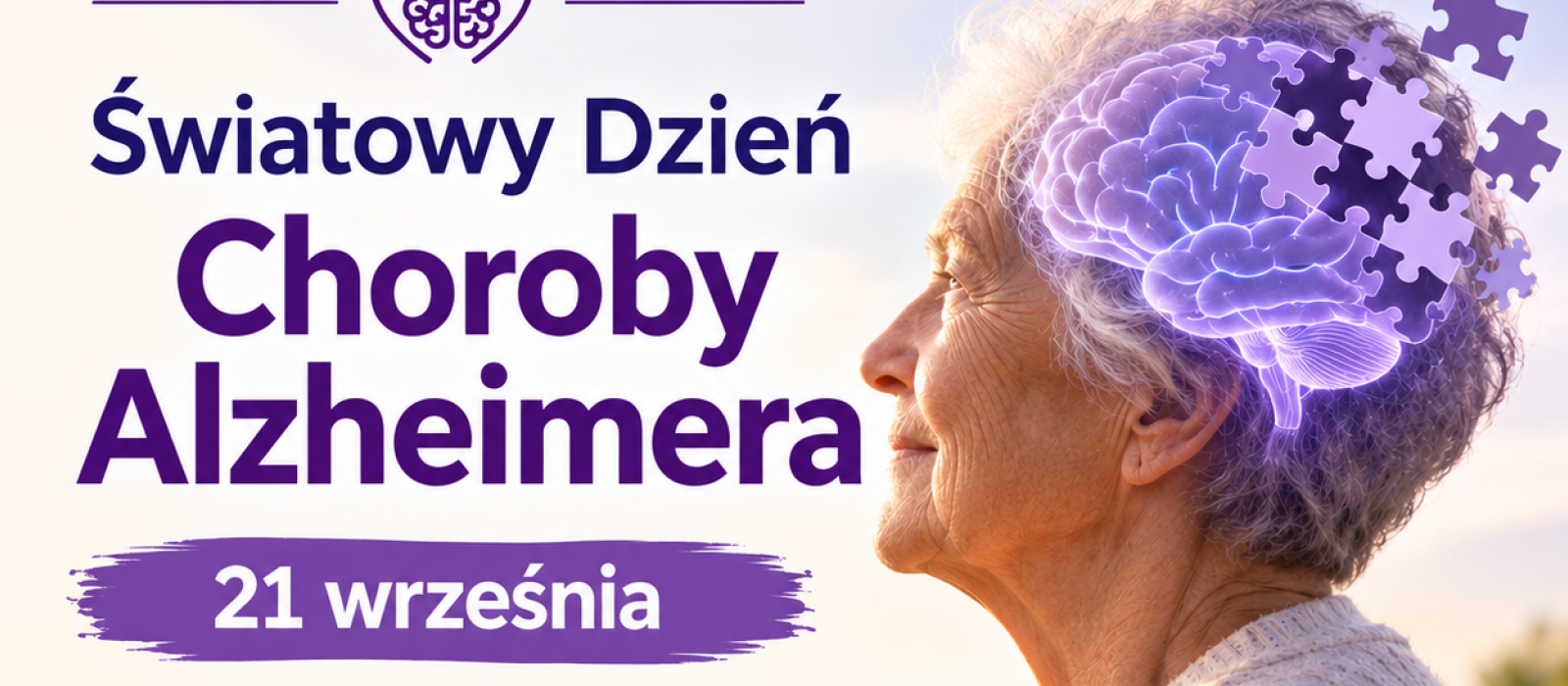 grafika starsza kobieta na wysokości głowy grafika mózgu i uciekających puzzli po prawej strony napis: Światowy Dzień Choroby Alzheimera 21 września