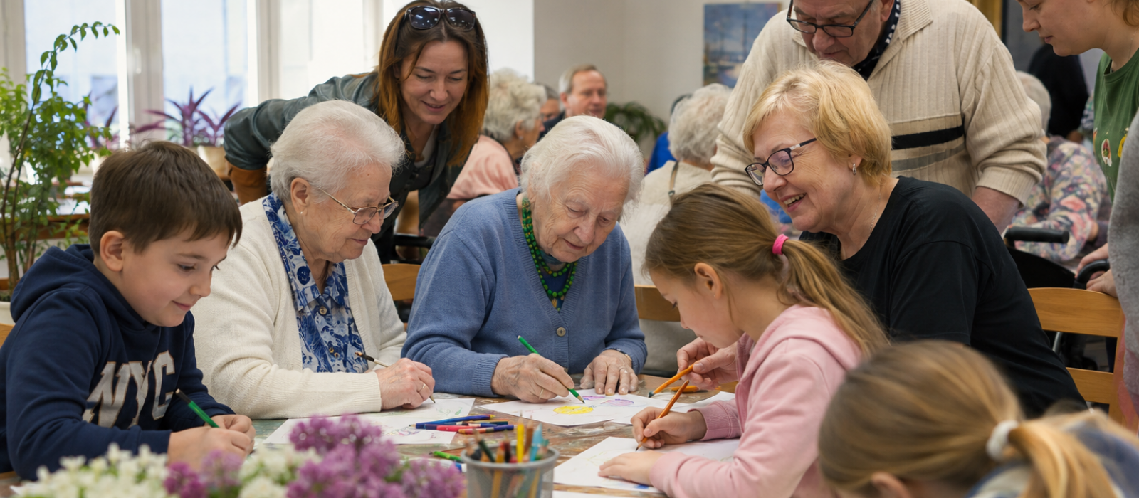 zdjęcie grupa seniorów w otoczenie dzieci i osób dorosłych rysuje przy stole